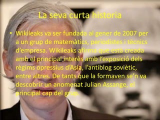 La seva curta historiaWikileaks va ser fundada al gener de 2007 per a un grup de matemàtics, periodistes i tècnics d’empresa. Wikileaks afirma que està creada amb el principal interès amb l’exposició dels règims opressius d’Asia, l’antiblog soviètic, entre altres. De tants que la formaven se’n va descobrir un anomenat Julian Assange, el principal cap del grup.