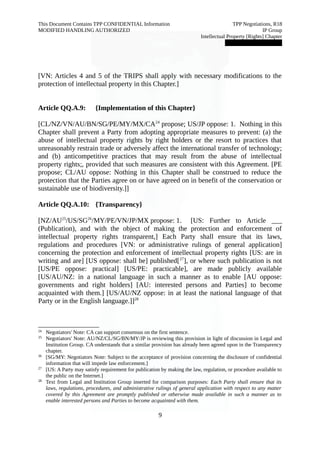 This Document Contains TPP CONFIDENTIAL Information TPP Negotiations, R18 
MODIFIED HANDLING AUTHORIZED IP Group 
Intellectual Property [Rights] Chapter 
███████████████ 
[VN: Articles 4 and 5 of the TRIPS shall apply with necessary modifications to the 
protection of intellectual property in this Chapter.] 
Article QQ.A.9: {Implementation of this Chapter} 
[CL/NZ/VN/AU/BN/SG/PE/MY/MX/CA24 propose; US/JP oppose: 1. Nothing in this 
Chapter shall prevent a Party from adopting appropriate measures to prevent: (a) the 
abuse of intellectual property rights by right holders or the resort to practices that 
unreasonably restrain trade or adversely affect the international transfer of technology; 
and (b) anticompetitive practices that may result from the abuse of intellectual 
property rights;, provided that such measures are consistent with this Agreement. [PE 
propose; CL/AU oppose: Nothing in this Chapter shall be construed to reduce the 
protection that the Parties agree on or have agreed on in benefit of the conservation or 
sustainable use of biodiversity.]] 
Article QQ.A.10: {Transparency} 
[NZ/AU25/US/SG26/MY/PE/VN/JP/MX propose: 1. [US: Further to Article ___ 
(Publication), and with the object of making the protection and enforcement of 
intellectual property rights transparent,] Each Party shall ensure that its laws, 
regulations and procedures [VN: or administrative rulings of general application] 
concerning the protection and enforcement of intellectual property rights [US: are in 
writing and are] [US oppose: shall be] published[27], or where such publication is not 
[US/PE oppose: practical] [US/PE: practicable], are made publicly available 
[US/AU/NZ: in a national language in such a manner as to enable [AU oppose: 
governments and right holders] [AU: interested persons and Parties] to become 
acquainted with them.] [US/AU/NZ oppose: in at least the national language of that 
Party or in the English language.]]28 
24 Negotiators' Note: CA can support consensus on the first sentence. 
25 Negotiators' Note: AU/NZ/CL/SG/BN/MY/JP is reviewing this provision in light of discussion in Legal and 
Institution Group. CA understands that a similar provision has already been agreed upon in the Transparency 
chapter. 
26 [SG/MY: Negotiators Note: Subject to the acceptance of provision concerning the disclosure of confidential 
information that will impede law enforcement.] 
27 [US: A Party may satisfy requirement for publication by making the law, regulation, or procedure available to 
the public on the Internet.] 
28 Text from Legal and Institution Group inserted for comparison purposes: Each Party shall ensure that its 
laws, regulations, procedures, and administrative rulings of general application with respect to any matter 
covered by this Agreement are promptly published or otherwise made available in such a manner as to 
enable interested persons and Parties to become acquainted with them. 
9 
 