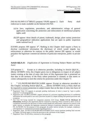 This Document Contains TPP CONFIDENTIAL Information TPP Negotiations, R18 
MODIFIED HANDLING AUTHORIZED IP Group 
Intellectual Property [Rights] Chapter 
███████████████ 
[NZ/AU/SG/MY/CA29/MX/CL propose; VN/PE oppose: 2. Each Party shall 
endeavour to make available on the Internet [AU/NZ: 
(a) its laws, regulations, procedures, and administrative rulings of general 
application concerning the protection and enforcement of intellectual property 
rights; and] 
(b) [JP oppose: those details of patent, trademark, design, plant variety protection 
and geographical indication applications that are open to public inspection 
under national law.]] 
[US/MX propose; BN oppose: 430. Nothing in this Chapter shall require a Party to 
disclose confidential information the disclosure of which would impede law 
enforcement or otherwise be contrary to the public interest [PE oppose: or would 
prejudice the legitimate commercial interests of particular enterprises, public or private 
].]31 
Article QQ.A.11: {Application of Agreement to Existing Subject Matter and Prior 
Acts} 
[US propose: 1. Except as it otherwise provides, including in Article QQ.G.8__ 
(Berne 18/TRIPS 14.6), this Chapter gives rise to obligations in respect of all subject 
matter existing at the date of entry into force of this Agreement that is protected on 
that date in the territory of the Party where protection is claimed, or that meets or 
comes subsequently to meet the criteria for protection under this Chapter.32] 
2. 33 [CL/NZ/PE/MY/BN/VN/CA/MX oppose: Except as otherwise provided in 
this Chapter, including Article QQ.G.8____ (Berne 18/TRIPS 14.6),] a Party shall not 
be required to restore protection to subject matter that on the date of entry into force of 
29 Negotiators' Note: CA supports in principle pending clarification of what is meant by “open to public 
inspection” in sub-paragraph (b). 
30 Negotiators note: AU/MY/CA/JP/MX: support inclusion of a provision regarding disclosure of confidential 
information but would prefer to see such a provision located in a chapter dealing with general provisions and 
exceptions. 
31 Text from LII Group inserted for comparison purposes: [LII Group: Article CCC.6: Disclosure of 
Information. Nothing in this Agreement shall be construed as requiring a Party to furnish or allow access to 
confidential information the disclosure of which would impede law enforcement, otherwise be contrary to the 
public interest, or prejudice the legitimate commercial interests of particular enterprises, public or private. 
FN: AU/NZ/MY: For the purposes of this paragraph, the public interest includes, for example, compliance 
with legislative or constitutional provisions regarding privacy.] 
32 Negotiators' Note: AU/NZ/CL/SG/PE/MY/BN/VN/JP/MX/CA/US reserve positions pending final outcome 
of Chapter. All Parties agree to revisit this provision at the conclusion of this chapter. 
33 Negotiators' Note: JP will follow consensus on this paragraph. 
10 
 