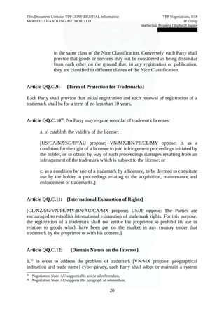 This Document Contains TPP CONFIDENTIAL Information TPP Negotiations, R18 
MODIFIED HANDLING AUTHORIZED IP Group 
Intellectual Property [Rights] Chapter 
███████████████ 
in the same class of the Nice Classification. Conversely, each Party shall 
provide that goods or services may not be considered as being dissimilar 
from each other on the ground that, in any registration or publication, 
they are classified in different classes of the Nice Classification. 
Article QQ.C.9: {Term of Protection for Trademarks} 
Each Party shall provide that initial registration and each renewal of registration of a 
trademark shall be for a term of no less than 10 years. 
Article QQ.C.1055: No Party may require recordal of trademark licenses: 
a. to establish the validity of the license; 
[US/CA/NZ/SG/JP/AU propose; VN/MX/BN/PE/CL/MY oppose: b. as a 
condition for the right of a licensee to join infringement proceedings initiated by 
the holder, or to obtain by way of such proceedings damages resulting from an 
infringement of the trademark which is subject to the license; or 
c. as a condition for use of a trademark by a licensee, to be deemed to constitute 
use by the holder in proceedings relating to the acquisition, maintenance and 
enforcement of trademarks.] 
Article QQ.C.11: {International Exhaustion of Rights} 
[CL/NZ/SG/VN/PE/MY/BN/AU/CA/MX propose; US/JP oppose: The Parties are 
encouraged to establish international exhaustion of trademark rights. For this purpose, 
the registration of a trademark shall not entitle the proprietor to prohibit its use in 
relation to goods which have been put on the market in any country under that 
trademark by the proprietor or with his consent.] 
Article QQ.C.12: {Domain Names on the Internet} 
1.56 In order to address the problem of trademark [VN/MX propose: geographical 
indication and trade name] cyber-piracy, each Party shall adopt or maintain a system 
55 Negotiators' Note: AU supports this article ad referendum. 
56 Negotiators' Note: AU supports this paragraph ad referendum. 
20 
 