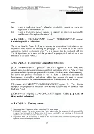 This Document Contains TPP CONFIDENTIAL Information TPP Negotiations, R18 
MODIFIED HANDLING AUTHORIZED IP Group 
Intellectual Property [Rights] Chapter 
███████████████ 
may: 
(a) refuse a trademark owner's otherwise permissible request to renew the 
registration of its trademark; or 
(b) refuse a trademark owner's request to register an otherwise permissible 
modification of its registered trademark.] 
Article QQ.D.11: [CL/SG/BN/VN/MX propose82; AU/PE/US/NZ/CA/JP oppose: 
List of Geographical Indications 
The terms listed in Annex […] are recognized as geographical indications of the 
respective Party, within the meaning of paragraph 1 of Article 22 of the TRIPS 
Agreement. Subject to domestic laws [83], in a manner that is consistent with the 
TRIPS Agreement, such terms will be protected as geographical indications in the 
territories of the other Parties.] 
Article QQ.D.12: {Homonymous Geographical Indications} 
[NZ/CL/VN/MY/BN/SG/MX propose84; PE/US/AU oppose: 1. Each Party may 
provide protection to homonymous geographical indications. Where a Party provides 
protection to homonymous geographical indications, that Party may, where necessary, 
lay down the practical conditions of use to make a distinction between the 
homonymous geographical indications, taking into account the need to ensure 
equitable treatment of the producers concerned and that consumers are not misled.] 
[CL propose; AU/US/PE/NZ/VN/SG/MY/BN/MX/CA/JP oppose: 2. The Parties 
recognize the geographical indication Pisco for the exclusive use for products from 
Chile and Peru.] 
[CL/SG/BN/MX propose; AU/PE/US/NZ/CA/JP oppose: Annex […] Lists of 
Geographical Indications] 
Article QQ.D.13: {Country Names} 
82 Negotiators' Note: VN supports subject to this list of GIs in the Annex. 
83 [CL/BN/SG propose: For greater certainty, the Parties acknowledge that geographical indications will be 
recognized and protected in the Parties only to the extent permitted by and according to the terms and 
conditions set out in their respective domestic laws.] 
84 Negotiators' Note: CA is continuing to reflect on this provision but notes concerns regarding scope and 
operation. JP is considering this provision. 
26 
 