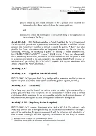 This Document Contains TPP CONFIDENTIAL Information TPP Negotiations, R18 
MODIFIED HANDLING AUTHORIZED IP Group 
Intellectual Property [Rights] Chapter 
███████████████ 
(a) was made by the patent applicant or by a person who obtained the 
information directly or indirectly from the patent applicant, 
and 
(b) occurred within 12 months prior to the date of filing of the application in 
the territory of the Party. 
Article QQ.E.3: [US: Without prejudice to Article 5A (3) of the Paris Convention,] 
Each Party shall provide that a patent may be cancelled, revoked or nullified only on 
grounds that would have justified a refusal to grant the patent. A Party may also 
provide that fraud, misrepresentation, or inequitable conduct may be the basis for 
cancelling, revoking, or nullifying a patent or holding a patent unenforceable. 
[AU/CL/MY/NZ/BN/CA/MX/VN propose93; US/JP oppose: A Party may also provide 
that a patent may be cancelled, revoked or nullified on the basis that the patent is used 
in a manner determined to be anti-competitive in a judicial [VZ/CA/MX propose: or 
administrative] proceeding] [AU/CL/CA/MX propose: US oppose; consistent with 
Article 5A(3) of the Paris Convention.] 
Article QQ.E.4: 94 
Article QQ.E.4: {Opposition to Grant of Patent} 
[NZ/CA/SG/CL/MY propose: Each Party shall provide a procedure for third persons to 
oppose the grant of a patent, either before or after the grant of a patent, or both.] 
Article QQ.E.5: {Exceptions} 
Each Party may provide limited exceptions to the exclusive rights conferred by a 
patent, provided that such exceptions do not unreasonably conflict with a normal 
exploitation of the patent and do not unreasonably prejudice the legitimate interests of 
the patent owner, taking into account the legitimate interests of third parties. 
Article QQ.E.5bis: {Regulatory Review Exception} 
[NZ/CA/SG/CL/MY propose: Consistent with [Article QQ.E.5 (Exceptions)], each 
Party may provide that a third person may do an act that would otherwise infringe a 
patent if the act is done for purposes connected with the collection and submission of 
data in order to comply with the regulatory requirements of that Party or another 
93 Negotiator's Note: PE and SG are flexible with both options. 
94 US withdraw Article QQ.E.4 ad referendum pending confirmation from capital. 
30 
 