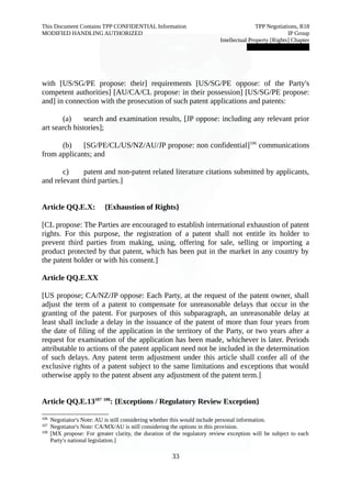 This Document Contains TPP CONFIDENTIAL Information TPP Negotiations, R18 
MODIFIED HANDLING AUTHORIZED IP Group 
Intellectual Property [Rights] Chapter 
███████████████ 
with [US/SG/PE propose: their] requirements [US/SG/PE oppose: of the Party's 
competent authorities] [AU/CA/CL propose: in their possession] [US/SG/PE propose: 
and] in connection with the prosecution of such patent applications and patents: 
(a) search and examination results, [JP oppose: including any relevant prior 
art search histories]; 
(b) [SG/PE/CL/US/NZ/AU/JP propose: non confidential]106 communications 
from applicants; and 
c) patent and non-patent related literature citations submitted by applicants, 
and relevant third parties.] 
Article QQ.E.X: {Exhaustion of Rights} 
[CL propose: The Parties are encouraged to establish international exhaustion of patent 
rights. For this purpose, the registration of a patent shall not entitle its holder to 
prevent third parties from making, using, offering for sale, selling or importing a 
product protected by that patent, which has been put in the market in any country by 
the patent holder or with his consent.] 
Article QQ.E.XX 
[US propose; CA/NZ/JP oppose: Each Party, at the request of the patent owner, shall 
adjust the term of a patent to compensate for unreasonable delays that occur in the 
granting of the patent. For purposes of this subparagraph, an unreasonable delay at 
least shall include a delay in the issuance of the patent of more than four years from 
the date of filing of the application in the territory of the Party, or two years after a 
request for examination of the application has been made, whichever is later. Periods 
attributable to actions of the patent applicant need not be included in the determination 
of such delays. Any patent term adjustment under this article shall confer all of the 
exclusive rights of a patent subject to the same limitations and exceptions that would 
otherwise apply to the patent absent any adjustment of the patent term.] 
Article QQ.E.13107 108: {Exceptions / Regulatory Review Exception} 
106 Negotiator's Note: AU is still considering whether this would include personal information. 
107 Negotiator's Note: CA/MX/AU is still considering the options in this provision. 
108 [MX propose: For greater clarity, the duration of the regulatory review exception will be subject to each 
Party's national legislation.] 
33 
 