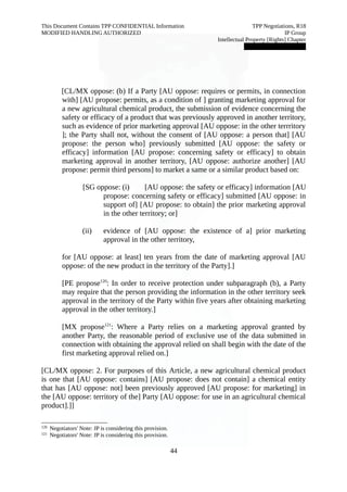 This Document Contains TPP CONFIDENTIAL Information TPP Negotiations, R18 
MODIFIED HANDLING AUTHORIZED IP Group 
Intellectual Property [Rights] Chapter 
███████████████ 
[CL/MX oppose: (b) If a Party [AU oppose: requires or permits, in connection 
with] [AU propose: permits, as a condition of ] granting marketing approval for 
a new agricultural chemical product, the submission of evidence concerning the 
safety or efficacy of a product that was previously approved in another territory, 
such as evidence of prior marketing approval [AU oppose: in the other terrritory 
]; the Party shall not, without the consent of [AU oppose: a person that] [AU 
propose: the person who] previously submitted [AU oppose: the safety or 
efficacy] information [AU propose: concerning safety or efficacy] to obtain 
marketing approval in another territory, [AU oppose: authorize another] [AU 
propose: permit third persons] to market a same or a similar product based on: 
[SG oppose: (i) [AU oppose: the safety or efficacy] information [AU 
propose: concerning safety or efficacy] submitted [AU oppose: in 
support of] [AU propose: to obtain] the prior marketing approval 
in the other territory; or] 
(ii) evidence of [AU oppose: the existence of a] prior marketing 
approval in the other territory, 
for [AU oppose: at least] ten years from the date of marketing approval [AU 
oppose: of the new product in the territory of the Party].] 
[PE propose120: In order to receive protection under subparagraph (b), a Party 
may require that the person providing the information in the other territory seek 
approval in the territory of the Party within five years after obtaining marketing 
approval in the other territory.] 
[MX propose121: Where a Party relies on a marketing approval granted by 
another Party, the reasonable period of exclusive use of the data submitted in 
connection with obtaining the approval relied on shall begin with the date of the 
first marketing approval relied on.] 
[CL/MX oppose: 2. For purposes of this Article, a new agricultural chemical product 
is one that [AU oppose: contains] [AU propose: does not contain] a chemical entity 
that has [AU oppose: not] been previously approved [AU propose: for marketing] in 
the [AU oppose: territory of the] Party [AU oppose: for use in an agricultural chemical 
product].]] 
120 Negotiators' Note: JP is considering this provision. 
121 Negotiators' Note: JP is considering this provision. 
44 
 