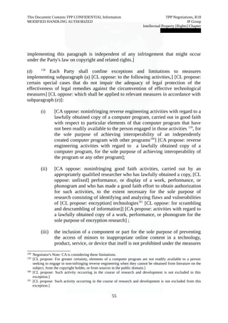 This Document Contains TPP CONFIDENTIAL Information TPP Negotiations, R18 
MODIFIED HANDLING AUTHORIZED IP Group 
Intellectual Property [Rights] Chapter 
███████████████ 
implementing this paragraph is independent of any infringement that might occur 
under the Party's law on copyright and related rights.] 
(d) 158 Each Party shall confine exceptions and limitations to measures 
implementing subparagraph (a) [CL oppose: to the following activities,] [CL propose: 
certain special cases that do not impair the adequacy of legal protection of the 
effectiveness of legal remedies against the circumvention of effective technological 
measures] [CL oppose: which shall be applied to relevant measures in accordance with 
subparagraph (e)]: 
(i) [CA oppose: noninfringing reverse engineering activities with regard to a 
lawfully obtained copy of a computer program, carried out in good faith 
with respect to particular elements of that computer program that have 
not been readily available to the person engaged in those activities 159, for 
the sole purpose of achieving interoperability of an independently 
created computer program with other programs160] [CA propose: reverse 
engineering activities with regard to a lawfully obtained copy of a 
computer program, for the sole purpose of achieving interoperability of 
the program or any other program]; 
(ii) [CA oppose: noninfringing good faith activities, carried out by an 
appropriately qualified researcher who has lawfully obtained a copy, [CL 
oppose: unfixed] performance, or display of a work, performance, or 
phonogram and who has made a good faith effort to obtain authorization 
for such activities, to the extent necessary for the sole purpose of 
research consisting of identifying and analyzing flaws and vulnerabilities 
of [CL propose: encryption] technologies161 [CL oppose: for scrambling 
and descrambling of information]] [CA propose: activities with regard to 
a lawfully obtained copy of a work, performance, or phonogram for the 
sole purpose of encryption research] ; 
(iii) the inclusion of a component or part for the sole purpose of preventing 
the access of minors to inappropriate online content in a technology, 
product, service, or device that itself is not prohibited under the measures 
158 Negotiator's Note: CA is considering these limitations. 
159 [CL propose: For greater certainty, elements of a computer program are not readily available to a person 
seeking to engage in non-infringing reverse engineering when they cannot be obtained from literature on the 
subject, from the copyright holder, or from sources in the public domain.] 
160 [CL propose: Such activity occurring in the course of research and development is not excluded in this 
exception.] 
161 [CL propose: Such activity occurring in the course of research and development is not excluded from this 
exception.] 
55 
 