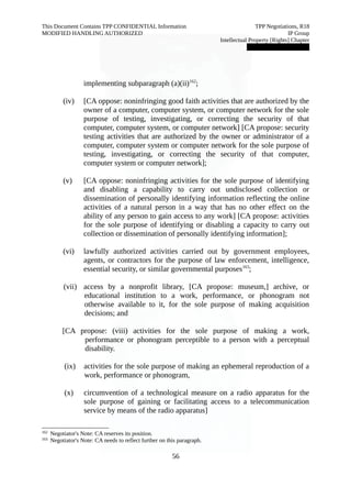 This Document Contains TPP CONFIDENTIAL Information TPP Negotiations, R18 
MODIFIED HANDLING AUTHORIZED IP Group 
Intellectual Property [Rights] Chapter 
███████████████ 
implementing subparagraph (a)(ii)162; 
(iv) [CA oppose: noninfringing good faith activities that are authorized by the 
owner of a computer, computer system, or computer network for the sole 
purpose of testing, investigating, or correcting the security of that 
computer, computer system, or computer network] [CA propose: security 
testing activities that are authorized by the owner or administrator of a 
computer, computer system or computer network for the sole purpose of 
testing, investigating, or correcting the security of that computer, 
computer system or computer network]; 
(v) [CA oppose: noninfringing activities for the sole purpose of identifying 
and disabling a capability to carry out undisclosed collection or 
dissemination of personally identifying information reflecting the online 
activities of a natural person in a way that has no other effect on the 
ability of any person to gain access to any work] [CA propose: activities 
for the sole purpose of identifying or disabling a capacity to carry out 
collection or dissemination of personally identifying information]; 
(vi) lawfully authorized activities carried out by government employees, 
agents, or contractors for the purpose of law enforcement, intelligence, 
essential security, or similar governmental purposes163; 
(vii) access by a nonprofit library, [CA propose: museum,] archive, or 
educational institution to a work, performance, or phonogram not 
otherwise available to it, for the sole purpose of making acquisition 
decisions; and 
[CA propose: (viii) activities for the sole purpose of making a work, 
performance or phonogram perceptible to a person with a perceptual 
disability. 
(ix) activities for the sole purpose of making an ephemeral reproduction of a 
work, performance or phonogram, 
(x) circumvention of a technological measure on a radio apparatus for the 
sole purpose of gaining or facilitating access to a telecommunication 
service by means of the radio apparatus] 
162 Negotiator's Note: CA reserves its position. 
163 Negotiator's Note: CA needs to reflect further on this paragraph. 
56 
 