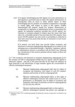This Document Contains TPP CONFIDENTIAL Information TPP Negotiations, R18 
MODIFIED HANDLING AUTHORIZED IP Group 
Intellectual Property [Rights] Chapter 
███████████████ 
(viii) [CA oppose: noninfringing uses [SG oppose: of a work, performance, or 
phonogram] in a particular class of works, [SG oppose: performances, or 
phonograms] when an actual or likely adverse impact on those 
noninfringing uses [CL propose: or exceptions or limitations to copyright 
or related rights with respect to users] is [PE oppose: credibly 
demonstrated] [PE propose: found] [CL propose: demonstrated or 
recognized] in a legislative or administrative review or proceeding [SG 
oppose: by substantial evidence]; provided that [AU/PE oppose: any 
limitation or exception adopted in reliance upon this clause shall have 
effect for a renewable period of not more than three [SG propose: four] 
years] [AU/PE propose: any such review or proceeding is conducted at 
least once every four years] from the date of conclusion of such review 
or proceeding.] 
[CA propose: (xi) Each Party may provide further exceptions and 
limitations to measures implementing subparagraph (a) in relation to non 
infringing uses as determined through a legislative, regulatory, judicial, 
or administrative process in accordance with the Party's law, following 
due consideration of the actual or potential adverse impact on those non 
infringing uses.] 
(e) 164 The exceptions and limitations to measures implementing subparagraph (a) for 
the activities set forth in subparagraph [4.9(d)] may [CL oppose: only] be applied as 
follows[CL oppose: , and only to the extent that they do not impair the adequacy of 
legal protection or the effectiveness of legal remedies against the circumvention of 
effective technological measures]: 
(i) Measures implementing subparagraph (a)(i) may be subject to 
exceptions and limitations with respect to each [CL propose: 
situations and] activity set forth in subparagraph (d). 
(ii) Measures implementing subparagraph (a)(ii), as they apply to 
effective technological measures that control access to a work, 
performance, or phonogram, may be subject to exceptions and 
limitations with respect to activities set forth in subparagraph (d) 
(i), (ii), (iii), (iv), and (vi). 
(iii) Measures implementing subparagraph (a)(ii), as they apply to 
effective technological measures that protect any copyright or 
164 Negotiator's Note: CA is considering paragraph (e) pending the outcome on discussions on limitations and 
exceptions. 
57 
 