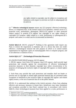 This Document Contains TPP CONFIDENTIAL Information TPP Negotiations, R18 
MODIFIED HANDLING AUTHORIZED IP Group 
Intellectual Property [Rights] Chapter 
███████████████ 
any rights related to copyright, may be subject to exceptions and 
limitations with respect to activities set forth in subparagraph (d) 
(i) and (vi). 
(f) 165 Effective technological measure means any [CA propose: effective] technology, 
device, or component that, in the normal course of its operation, controls access to a 
protected work, performance, phonogram, [PE/CL/CA oppose: or other protected 
subject matter,] or protects [CA oppose: any copyright or any rights related to 
copyright] [CA propose: rights related to a work, performance or phonogram].][CL 
propose: and cannot, in a usual case be circumvented accidentally.] 
Article QQ.G.11: [SG/CL propose166: Nothing in this agreement shall require any 
Party to restrict the importation or domestic sale of a device that does not render 
effective a technological measure the sole purpose of which is to control market 
segmentation for legitimate copies of cinematographic film or computer program, and 
is not otherwise a violation of law.] 
Article QQ.G.12167: {Technological Protection Measures} 
[CL/NZ/PE/VN/MY/BN/JP propose; AU/US oppose: 
1. [PE/SG oppose: Each Party [VN propose: may] [VN oppose: shall] provide legal 
protections and remedies against the circumvention of effective technological 
protection measures in their domestic copyright laws where circumvention is for 
purposes of infringing the exclusive rights of copyright [NZ oppose: or related rights] 
owners.] 
2. Each Party may provide that such protections and remedies shall not hinder or 
prevent uses of copyright or related rights protected material that are permitted under 
exceptions or limitations to the exclusive rights of copyright [NZ oppose: and related 
rights] owners, or the use of materials that are in the public domain. 
[PE/SG: It is understood that nothing in this Article prevents a Party from adopting 
effective and necessary measures to ensure that a beneficiary may enjoy limitations 
and exceptions provided in that Party's national law, in accordance with Article 
QQG16, where technological measures have been applied to a work, performance or 
165 Negotiator's Note: CA is considering paragraph (f). 
166 Negotiators' Note: NZ/PE/CA/AU/MX/MY/BN/VN support in principle pending drafting consultations. 
167 Negotiator's note: SG/CA/MX is willing to consider a more flexible approach to TPM provisions. 
58 
 