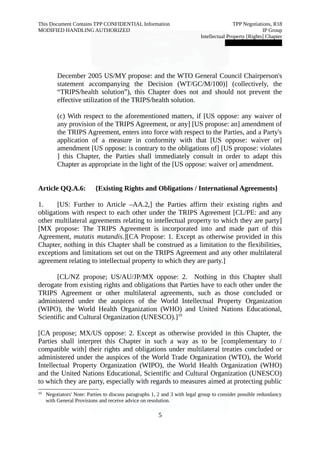 This Document Contains TPP CONFIDENTIAL Information TPP Negotiations, R18 
MODIFIED HANDLING AUTHORIZED IP Group 
Intellectual Property [Rights] Chapter 
███████████████ 
December 2005 US/MY propose: and the WTO General Council Chairperson's 
statement accompanying the Decision (WT/GC/M/100)] (collectively, the 
“TRIPS/health solution”), this Chapter does not and should not prevent the 
effective utilization of the TRIPS/health solution. 
(c) With respect to the aforementioned matters, if [US oppose: any waiver of 
any provision of the TRIPS Agreement, or any] [US propose: an] amendment of 
the TRIPS Agreement, enters into force with respect to the Parties, and a Party's 
application of a measure in conformity with that [US oppose: waiver or] 
amendment [US oppose: is contrary to the obligations of] [US propose: violates 
] this Chapter, the Parties shall immediately consult in order to adapt this 
Chapter as appropriate in the light of the [US oppose: waiver or] amendment. 
Article QQ.A.6: {Existing Rights and Obligations / International Agreements} 
1. [US: Further to Article –AA.2,] the Parties affirm their existing rights and 
obligations with respect to each other under the TRIPS Agreement [CL/PE: and any 
other multilateral agreements relating to intellectual property to which they are party] 
[MX propose: The TRIPS Agreement is incorporated into and made part of this 
Agreement, mutatis mutandis.][CA Propose: 1. Except as otherwise provided in this 
Chapter, nothing in this Chapter shall be construed as a limitation to the flexibilities, 
exceptions and limitations set out on the TRIPS Agreement and any other multilateral 
agreement relating to intellectual property to which they are party.] 
[CL/NZ propose; US/AU/JP/MX oppose: 2. Nothing in this Chapter shall 
derogate from existing rights and obligations that Parties have to each other under the 
TRIPS Agreement or other multilateral agreements, such as those concluded or 
administered under the auspices of the World Intellectual Property Organization 
(WIPO), the World Health Organization (WHO) and United Nations Educational, 
Scientific and Cultural Organization (UNESCO).]10 
[CA propose; MX/US oppose: 2. Except as otherwise provided in this Chapter, the 
Parties shall interpret this Chapter in such a way as to be [complementary to / 
compatible with] their rights and obligations under multilateral treaties concluded or 
administered under the auspices of the World Trade Organization (WTO), the World 
Intellectual Property Organization (WIPO), the World Health Organization (WHO) 
and the United Nations Educational, Scientific and Cultural Organization (UNESCO) 
to which they are party, especially with regards to measures aimed at protecting public 
10 Negotiators' Note: Parties to discuss paragraphs 1, 2 and 3 with legal group to consider possible redundancy 
with General Provisions and receive advice on resolution. 
5 
 