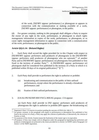 This Document Contains TPP CONFIDENTIAL Information TPP Negotiations, R18 
MODIFIED HANDLING AUTHORIZED IP Group 
Intellectual Property [Rights] Chapter 
███████████████ 
of the work, [NZ/MY oppose: performance,] or phonogram or appears in 
connection with the communication or making available of a work, 
[NZ/MY oppose: performance] or phonogram, to the public. 
(d) For greater certainty, nothing in this paragraph shall obligate a Party to require 
the owner of any right in the work, performance, or phonogram to attach rights 
management information to copies of the work, performance, or phonogram, or to 
cause rights management information to appear in connection with a communication 
of the work, performance, or phonogram to the public. 
Article QQ.G.14: {Related Rights} 
1. Each Party shall accord the rights provided for in this Chapter with respect to 
[NZ/BN/MY oppose: performers and] producers of phonograms to the [NZ/BN/MY 
oppose: performers and] producers of phonograms who are nationals171 of another 
Party and to [NZ/BN/MY oppose: performances or] phonograms first published or first 
fixed in the territory of another Party172. A [NZ/BN/MY oppose: performance or] 
phonogram shall be considered first published in the territory of a Party in which it is 
published within 30 days of its original publication.[173][174] 
2. Each Party shall provide to performers the right to authorize or prohibit: 
(a) broadcasting and communication to the public of their unfixed 
performances, except where the performance is already a broadcast 
performance; and 
(b) fixation of their unfixed performances. 
3. [US/AU/PE/NZ/MY/BN/VN/CL/MX/SG propose ; CA oppose: 
(a) Each Party shall provide to [NZ oppose: performers and] producers of 
phonograms the right to authorize or prohibit [BN oppose: the broadcasting or] 
171 Negotiator's Note: CA reserves its position pending the outcome of FN10 (Art. QQ.A.7). 
172 For greater certainty, in this paragraph with respect to performances or phonograms first published or first 
fixed in the territory of a Party, a Party may apply the criterion of publication, or alternatively, the criterion of 
fixation, or both. 
173 For purposes of this Article, fixation means the finalization of the master tape or its equivalent. 
174 [JP propose: A Party may comply with its obligations under this paragraph by legislating that performers and 
producers of phonograms are protected to the extent provided for in Article 3 of WPPT and/or Paragraph 3 of 
Article 1 of the TRIPS Agreement. 
61 
 