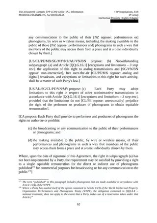 This Document Contains TPP CONFIDENTIAL Information TPP Negotiations, R18 
MODIFIED HANDLING AUTHORIZED IP Group 
Intellectual Property [Rights] Chapter 
███████████████ 
any communication to the public of their [NZ oppose: performances or] 
phonograms, by wire or wireless means, including the making available to the 
public of those [NZ oppose: performances and] phonograms in such a way that 
members of the public may access them from a place and at a time individually 
chosen by them.] 
[US/CL/PE/MX/SG/MY/NZ/AU/VN/BN propose: (b) Notwithstanding 
subparagraph (a) and Article [QQ.G.16.1] [exceptions and limitations – 3 step 
test], the application of this right to analog transmissions and [SG/VN/BN 
oppose: non-interactive], free over-the-air [CL/PE/MX oppose: analog and 
digital] broadcasts, and exceptions or limitations to this right for such activity, 
shall be a matter of each Party's law.] 
[US/AU/SG/CL/PE/VN/MY propose: (c) Each Party may adopt 
limitations to this right in respect of other noninteractive transmissions in 
accordance with Article [QQ.G.16.1] [exceptions and limitations – 3 step test], 
provided that the limitations do not [CL/PE oppose: unreasonably] prejudice 
the right of the performer or producer of phonograms to obtain equitable 
remuneration]. 
[CA propose: Each Party shall provide to performers and producers of phonograms the 
rights to authorize or prohibit: 
(c) the broadcasting or any communication to the public of their performances 
or phonograms; and 
(d) the making available to the public, by wire or wireless means, of their 
performances and phonograms in such a way that members of the public 
may access them from a place and at a time individually chosen by them. 
Where, upon the data of signature of this Agreement, the right in subparagraph (a) has 
not been implemented by a Party, the requirement may be satisfied by providing a right 
to a single equitable remuneration for the direct or indirect use of phonograms 
published175 for commercial purposes for broadcasting or for any communication to the 
public.176] 
175 The term “published” in this paragraph includes phonograms that are made available in accordance with 
Article 15(4) of the WPPT. 
176 Where a Party has availed itself of the option contained in Article 15(3) of the World Intellectual Property 
Organization Performances and Phonograms Treaty (WPPT), the obligation contained in [QQ.A.X – 
national treatment] does not apply to the extent that a Party makes use of a reservation taken under that 
Article.]” 
62 
 