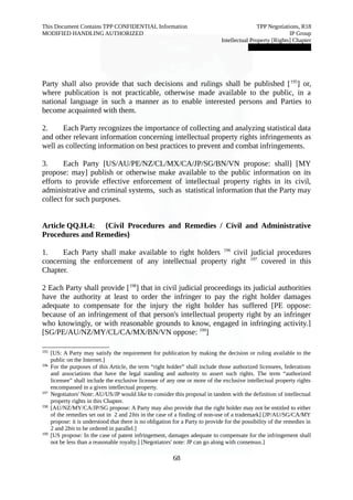 This Document Contains TPP CONFIDENTIAL Information TPP Negotiations, R18 
MODIFIED HANDLING AUTHORIZED IP Group 
Intellectual Property [Rights] Chapter 
███████████████ 
Party shall also provide that such decisions and rulings shall be published [195] or, 
where publication is not practicable, otherwise made available to the public, in a 
national language in such a manner as to enable interested persons and Parties to 
become acquainted with them. 
2. Each Party recognizes the importance of collecting and analyzing statistical data 
and other relevant information concerning intellectual property rights infringements as 
well as collecting information on best practices to prevent and combat infringements. 
3. Each Party [US/AU/PE/NZ/CL/MX/CA/JP/SG/BN/VN propose: shall] [MY 
propose: may] publish or otherwise make available to the public information on its 
efforts to provide effective enforcement of intellectual property rights in its civil, 
administrative and criminal systems, such as statistical information that the Party may 
collect for such purposes. 
Article QQ.H.4: {Civil Procedures and Remedies / Civil and Administrative 
Procedures and Remedies} 
1. Each Party shall make available to right holders 196 civil judicial procedures 
concerning the enforcement of any intellectual property right 197 covered in this 
Chapter. 
2 Each Party shall provide [198] that in civil judicial proceedings its judicial authorities 
have the authority at least to order the infringer to pay the right holder damages 
adequate to compensate for the injury the right holder has suffered [PE oppose: 
because of an infringement of that person's intellectual property right by an infringer 
who knowingly, or with reasonable grounds to know, engaged in infringing activity.] 
[SG/PE/AU/NZ/MY/CL/CA/MX/BN/VN oppose: 199] 
195 [US: A Party may satisfy the requirement for publication by making the decision or ruling available to the 
public on the Internet.] 
196 For the purposes of this Article, the term “right holder” shall include those authorized licensees, federations 
and associations that have the legal standing and authority to assert such rights. The term “authorized 
licensee” shall include the exclusive licensee of any one or more of the exclusive intellectual property rights 
encompassed in a given intellectual property. 
197 Negotiators' Note: AU/US/JP would like to consider this proposal in tandem with the definition of intellectual 
property rights in this Chapter. 
198 [AU/NZ/MY/CA/JP/SG propose: A Party may also provide that the right holder may not be entitled to either 
of the remedies set out in 2 and 2bis in the case of a finding of non-use of a trademark] [JP/AU/SG/CA/MY 
propose: it is understood that there is no obligation for a Party to provide for the possibility of the remedies in 
2 and 2bis to be ordered in parallel.] 
199 [US propose: In the case of patent infringement, damages adequate to compensate for the infringement shall 
not be less than a reasonable royalty.] [Negotiators' note: JP can go along with consensus.] 
68 
 