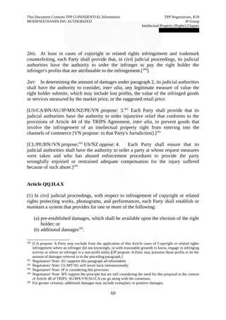 This Document Contains TPP CONFIDENTIAL Information TPP Negotiations, R18 
MODIFIED HANDLING AUTHORIZED IP Group 
Intellectual Property [Rights] Chapter 
███████████████ 
2bis. At least in cases of copyright or related rights infringement and trademark 
counterfeiting, each Party shall provide that, in civil judicial proceedings, its judicial 
authorities have the authority to order the infringer to pay the right holder the 
infringer's profits that are attributable to the infringement.[200] 
2ter. In determining the amount of damages under paragraph 2, its judicial authorities 
shall have the authority to consider, inter alia, any legitimate measure of value the 
right holder submits, which may include lost profits, the value of the infringed goods 
or services measured by the market price, or the suggested retail price. 
[US/CA/BN/AU/JP/MX/NZ/PE/VN propose: 3.201 Each Party shall provide that its 
judicial authorities have the authority to order injunctive relief that conforms to the 
provisions of Article 44 of the TRIPS Agreement, inter alia, to prevent goods that 
involve the infringement of an intellectual property right from entering into the 
channels of commerce [VN propose: in that Party's Jurisdiction].]202 
[CL/PE/BN//VN propose;203 US/NZ oppose: 4. Each Party shall ensure that its 
judicial authorities shall have the authority to order a party at whose request measures 
were taken and who has abused enforcement procedures to provide the party 
wrongfully enjoined or restrained adequate compensation for the injury suffered 
because of such abuse.]204 
Article QQ.H.4.X 
(1) In civil judicial proceedings, with respect to infringement of copyright or related 
rights protecting works, phonograms, and performances, each Party shall establish or 
maintain a system that provides for one or more of the following: 
(a) pre-established damages, which shall be available upon the election of the right 
holder; or 
(b) additional damages205. 
200 [CA propose: A Party may exclude from the application of this Article cases of Copyright or related rights 
infringement where an infringer did not knowingly, or with reasonable grounds to know, engage in infringing 
activity or where an infringer is a non-profit entity.][JP propose: A Party may presume those profits to be the 
amount of damages referred to in the preceding paragraph.] 
201 Negotiators' Note: AU supports this paragraph ad referendum. 
202 Negotiators' Note: CL/MY/SG will revert back intersessionally. 
203 Negotiators' Note: JP is considering this provision. 
204 Negotiators' Note: MY support the principle but are still considering the need for this proposal in the context 
of Article 48 of TRIPS. SG/MX/VN/AU/CA can go along with the consensus. 
205 For greater certainty, additional damages may include exemplary or punitive damages. 
69 
 