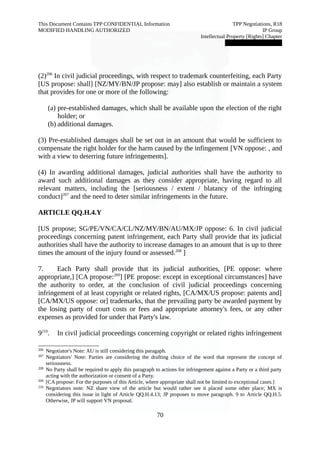 This Document Contains TPP CONFIDENTIAL Information TPP Negotiations, R18 
MODIFIED HANDLING AUTHORIZED IP Group 
Intellectual Property [Rights] Chapter 
███████████████ 
(2)206 In civil judicial proceedings, with respect to trademark counterfeiting, each Party 
[US propose: shall] [NZ/MY/BN/JP propose: may] also establish or maintain a system 
that provides for one or more of the following: 
(a) pre-established damages, which shall be available upon the election of the right 
holder; or 
(b) additional damages. 
(3) Pre-established damages shall be set out in an amount that would be sufficient to 
compensate the right holder for the harm caused by the infingement [VN oppose: , and 
with a view to deterring future infringements]. 
(4) In awarding additional damages, judicial authorities shall have the authority to 
award such additional damages as they consider appropriate, having regard to all 
relevant matters, including the [seriousness / extent / blatancy of the infringing 
conduct]207 and the need to deter similar infringements in the future. 
ARTICLE QQ.H.4.Y 
[US propose; SG/PE/VN/CA/CL/NZ/MY/BN/AU/MX/JP oppose: 6. In civil judicial 
proceedings concerning patent infringement, each Party shall provide that its judicial 
authorities shall have the authority to increase damages to an amount that is up to three 
times the amount of the injury found or assessed.208 ] 
7. Each Party shall provide that its judicial authorities, [PE oppose: where 
appropriate,] [CA propose:209] [PE propose: except in exceptional circumstances] have 
the authority to order, at the conclusion of civil judicial proceedings concerning 
infringement of at least copyright or related rights, [CA/MX/US propose: patents and] 
[CA/MX/US oppose: or] trademarks, that the prevailing party be awarded payment by 
the losing party of court costs or fees and appropriate attorney's fees, or any other 
expenses as provided for under that Party's law. 
9210. In civil judicial proceedings concerning copyright or related rights infringement 
206 Negotiator's Note: AU is still considering this paragaph. 
207 Negotiators' Note: Parties are considering the drafting choice of the word that represent the concept of 
seriousness. 
208 No Party shall be required to apply this paragraph to actions for infringement against a Party or a third party 
acting with the authorization or consent of a Party. 
209 [CA propose: For the purposes of this Article, where appropriate shall not be limited to exceptional cases.] 
210 Negotiators note: NZ share view of the article but would rather see it placed some other place; MX is 
considering this issue in light of Article QQ.H.4.13; JP proposes to move paragraph. 9 to Article QQ.H.5. 
Otherwise, JP will support VN proposal. 
70 
 
