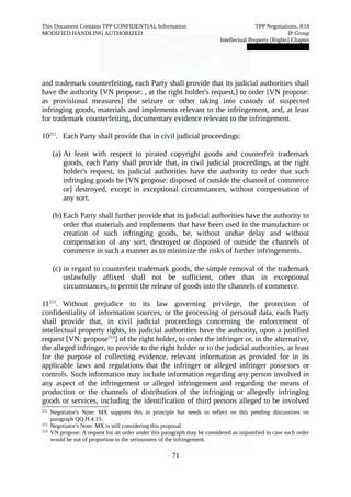 This Document Contains TPP CONFIDENTIAL Information TPP Negotiations, R18 
MODIFIED HANDLING AUTHORIZED IP Group 
Intellectual Property [Rights] Chapter 
███████████████ 
and trademark counterfeiting, each Party shall provide that its judicial authorities shall 
have the authority [VN propose: , at the right holder's request,] to order [VN propose: 
as provisional measures] the seizure or other taking into custody of suspected 
infringing goods, materials and implements relevant to the infringement, and, at least 
for trademark counterfeiting, documentary evidence relevant to the infringement. 
10211. Each Party shall provide that in civil judicial proceedings: 
(a) At least with respect to pirated copyright goods and counterfeit trademark 
goods, each Party shall provide that, in civil judicial proceedings, at the right 
holder's request, its judicial authorities have the authority to order that such 
infringing goods be [VN propose: disposed of outside the channel of commerce 
or] destroyed, except in exceptional circumstances, without compensation of 
any sort. 
(b) Each Party shall further provide that its judicial authorities have the authority to 
order that materials and implements that have been used in the manufacture or 
creation of such infringing goods, be, without undue delay and without 
compensation of any sort, destroyed or disposed of outside the channels of 
commerce in such a manner as to minimize the risks of further infringements. 
(c) in regard to counterfeit trademark goods, the simple removal of the trademark 
unlawfully affixed shall not be sufficient, other than in exceptional 
circumstances, to permit the release of goods into the channels of commerce. 
11212. Without prejudice to its law governing privilege, the protection of 
confidentiality of information sources, or the processing of personal data, each Party 
shall provide that, in civil judicial proceedings concerning the enforcement of 
intellectual property rights, its judicial authorities have the authority, upon a justified 
request [VN: propose213] of the right holder, to order the infringer or, in the alternative, 
the alleged infringer, to provide to the right holder or to the judicial authorities, at least 
for the purpose of collecting evidence, relevant information as provided for in its 
applicable laws and regulations that the infringer or alleged infringer possesses or 
controls. Such information may include information regarding any person involved in 
any aspect of the infringement or alleged infringement and regarding the means of 
production or the channels of distribution of the infringing or allegedly infringing 
goods or services, including the identification of third persons alleged to be involved 
211 Negotiator's Note: MX supports this in principle but needs to reflect on this pending discussions on 
paragraph QQ.H.4.13. 
212 Negotiator's Note: MX is still considering this proposal. 
213 VN propose: A request for an order under this paragraph may be considered as unjustified in case such order 
would be out of proportion to the seriousness of the infringement. 
71 
 