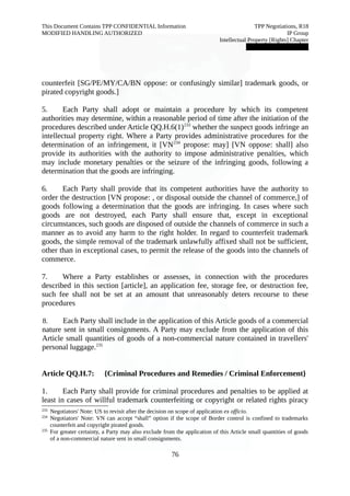 This Document Contains TPP CONFIDENTIAL Information TPP Negotiations, R18 
MODIFIED HANDLING AUTHORIZED IP Group 
Intellectual Property [Rights] Chapter 
███████████████ 
counterfeit [SG/PE/MY/CA/BN oppose: or confusingly similar] trademark goods, or 
pirated copyright goods.] 
5. Each Party shall adopt or maintain a procedure by which its competent 
authorities may determine, within a reasonable period of time after the initiation of the 
procedures described under Article QQ.H.6(1)233 whether the suspect goods infringe an 
intellectual property right. Where a Party provides administrative procedures for the 
determination of an infringement, it [VN234 propose: may] [VN oppose: shall] also 
provide its authorities with the authority to impose administrative penalties, which 
may include monetary penalties or the seizure of the infringing goods, following a 
determination that the goods are infringing. 
6. Each Party shall provide that its competent authorities have the authority to 
order the destruction [VN propose: , or disposal outside the channel of commerce,] of 
goods following a determination that the goods are infringing. In cases where such 
goods are not destroyed, each Party shall ensure that, except in exceptional 
circumstances, such goods are disposed of outside the channels of commerce in such a 
manner as to avoid any harm to the right holder. In regard to counterfeit trademark 
goods, the simple removal of the trademark unlawfully affixed shall not be sufficient, 
other than in exceptional cases, to permit the release of the goods into the channels of 
commerce. 
7. Where a Party establishes or assesses, in connection with the procedures 
described in this section [article], an application fee, storage fee, or destruction fee, 
such fee shall not be set at an amount that unreasonably deters recourse to these 
procedures 
8. Each Party shall include in the application of this Article goods of a commercial 
nature sent in small consignments. A Party may exclude from the application of this 
Article small quantities of goods of a non-commercial nature contained in travellers' 
personal luggage.235 
Article QQ.H.7: {Criminal Procedures and Remedies / Criminal Enforcement} 
1. Each Party shall provide for criminal procedures and penalties to be applied at 
least in cases of willful trademark counterfeiting or copyright or related rights piracy 
233 Negotiators' Note: US to revisit after the decision on scope of application ex officio. 
234 Negotiators' Note: VN can accept “shall” option if the scope of Border control is confined to trademarks 
counterfeit and copyright pirated goods. 
235 For greater certainty, a Party may also exclude from the application of this Article small quantities of goods 
of a non-commercial nature sent in small consignments. 
76 
 