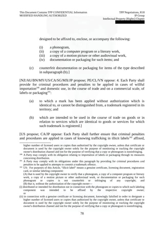 This Document Contains TPP CONFIDENTIAL Information TPP Negotiations, R18 
MODIFIED HANDLING AUTHORIZED IP Group 
Intellectual Property [Rights] Chapter 
███████████████ 
designed to be affixed to, enclose, or accompany the following: 
(i) a phonogram, 
(ii) a copy of a computer program or a literary work, 
(iii) a copy of a motion picture or other audiovisual work, 
(iv) documentation or packaging for such items; and 
(c) counterfeit documentation or packaging for items of the type described 
in subparagraph (b).] 
[NZ/AU/BN/MY/US/CA/SG/MX/JP propose; PE/CL/VN oppose: 4. Each Party shall 
provide for criminal procedures and penalties to be applied in cases of willful 
importation240 and domestic use, in the course of trade and on a commercial scale, of 
labels or packaging241: 
(a) to which a mark has been applied without authorization which is 
identical to, or cannot be distinguished from, a trademark registered in its 
territory; and 
(b) which are intended to be used in the course of trade on goods or in 
relation to services which are identical to goods or services for which 
such trademark is registered.] 
[US propose; CA/JP oppose: Each Party shall further ensure that criminal penalties 
and procedures are applied in cases of knowing trafficking in illicit labels242 affixed, 
higher number of licensed users or copies than authorized by the copyright owner, unless that certificate or 
document is used by the copyright owner solely for the purpose of monitoring or tracking the copyright 
owner's distribution channel and not for the purpose of verifying that a copy or phonogram is noninfringing. 
240 A Party may comply with its obligation relating to importation of labels or packaging through its measures 
concerning distribution. 
241 A Party may comply with its obligations under this paragraph by providing for criminal procedures and 
penalties to be applied to attempts to commit a trademark offence. 
242 US: For purposes of this Article, “illicit label” means a genuine certificate, licensing document, registration 
card, or similar labeling component: 
(A) that is used by the copyright owner to verify that a phonogram, a copy of a computer program or literary 
work, a copy of a motion picture or other audiovisual work, or documentation or packaging for such 
phonogram or copies is not counterfeit or infringing of any copyright; and 
(B) that is, without the authorization of the copyright owner— 
(i) distributed or intended for distribution not in connection with the phonogram or copies to which such labeling 
component was intended to be affixed by the respective copyright owner; 
or 
(ii) in connection with a genuine certificate or licensing document, knowingly falsified in order to designate a 
higher number of licensed users or copies than authorized by the copyright owner, unless that certificate or 
document is used by the copyright owner solely for the purpose of monitoring or tracking the copyright 
owner's distribution channel and not for the purpose of verifying that a copy or phonogram is noninfringing. 
78 
 
