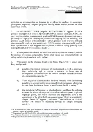 This Document Contains TPP CONFIDENTIAL Information TPP Negotiations, R18 
MODIFIED HANDLING AUTHORIZED IP Group 
Intellectual Property [Rights] Chapter 
███████████████ 
enclosing, or accompanying, or designed to be affixed to, enclose, or accompany 
phonograms, copies of computer programs, literary works, motion pictures, or other 
audiovisual works.] 
5. [AU/NZ/SG/MY/ CA/US propose; PE/VN/BN/MX/CL oppose: [US/CA 
propose: Each] [US/CA oppose: A] Party [SG/NZ/CL oppose: shall] [SG/NZ/CL/JP: 
may] provide criminal procedures and penalties [US/CA oppose: , in appropriate cases, 
] for the [US/CA propose: knowing and] unauthorized copying [MY: or recording] [US 
propose; CA/JP oppose: or transmittal] of [US/CA propose: a [JP propose: first-run] 
cinematographic work, or any part thereof,] [US/CA oppose: cinematographic works] 
from a performance in a [CA oppose: motion picture exhibition facility generally open 
to the public] [CA/JP propose: movie theater].] 
6. With respect to the offenses for which this Article requires the Parties to provide 
for criminal procedures and penalties, Parties shall ensure that criminal liability for 
aiding and abetting is available under its law. 
7. With respect to the offences described in Article QQ.H.7[1]-[4] above, each 
Party shall provide: 
(a) penalties that include sentences of imprisonment as well as monetary 
fines sufficiently high to provide a deterrent to future acts of 
infringement, consistently with the level of penalties applied for crimes 
of a corresponding gravity; 243 
(b) 244that its judicial authorities shall have the authority, when determining 
penalties, to account for the seriousness of the circumstances, which may 
include those that involve threats to, or effects on, health or safety;245 
(c) that its judicial [VN propose: or other]authorities shall have the authority 
to order the seizure of suspected counterfeit trademark goods or pirated 
copyright goods, any related materials and implements used in the 
commission of the alleged offense, documentary evidence relevant to the 
alleged offense [MY oppose: , and assets 246 derived from, or obtained 
directly [VN oppose: or indirectly] through the alleged infringing 
activity]. 
243 It is understood that there is no obligation for a Party to provide for the possibility of imprisonment and 
monetary fines to be imposed in parallel. 
244 Negotiator's Note: CL/PE/MX/CA is still considering pending consultation with capital. 
245 A Party may also account for such circumstances through a separate criminal offense. 
246 Negotiators' Note: CA/BN/VN are reflecting on the definition of “assets”. 
79 
 