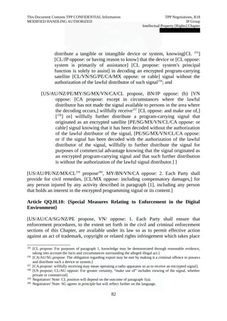 This Document Contains TPP CONFIDENTIAL Information TPP Negotiations, R18 
MODIFIED HANDLING AUTHORIZED IP Group 
Intellectual Property [Rights] Chapter 
███████████████ 
distribute a tangible or intangible device or system, knowing[CL 255] 
[CL/JP oppose: or having reason to know] that the device or [CL oppose: 
system is primarily of assistance] [CL propose: system's principal 
function is solely to assist] in decoding an encrypted program-carrying 
satellite [CL/VN/SG/PE/CA/MX oppose: or cable] signal without the 
authorization of the lawful distributor of such signal256; and 
[US/AU/NZ/PE/MY/SG/MX/VN/CA/CL propose, BN/JP oppose: (b) [VN 
oppose: [CA propose: except in circumstances where the lawful 
distributor has not made the signal available to persons in the area where 
the decoding occurs,] willfully receive257 [CL oppose: and make use of,] 
[258] or] willfully further distribute a program-carrying signal that 
originated as an encrypted satellite [PE/SG/MX/VN/CL/CA oppose: or 
cable] signal knowing that it has been decoded without the authorization 
of the lawful dstributor of the signal, [PE/SG/MX/VN/CL/CA oppose: 
or if the signal has been decoded with the authorization of the lawful 
distributor of the signal, willfully to further distribute the signal for 
purposes of commercial advantage knowing that the signal originated as 
an encrypted program-carrying signal and that such further distribution 
is without the authorization of the lawful signal distributor.] ] 
[US/AU/PE/NZ/MX/CL259 propose260, MY/BN/VN/CA oppose: 2. Each Party shall 
provide for civil remedies, [CL/MX oppose: including compensatory damages,] for 
any person injured by any activity described in paragraph [1], including any person 
that holds an interest in the encrypted programming signal or its content.] 
Article QQ.H.10: {Special Measures Relating to Enforcement in the Digital 
Environment} 
[US/AU/CA/SG/NZ/PE propose, VN/ oppose: 1. Each Party shall ensure that 
enforcement procedures, to the extent set forth in the civil and criminal enforcement 
sections of this Chapter, are available under its law so as to permit effective action 
against an act of trademark, copyright or related rights infringement which takes place 
255 [CL propose: For purposes of paragraph 1, knowledge may be demonstrated through reasonable evidence, 
taking into account the facts and circumstances surrounding the alleged illegal act.] 
256 [CA/AU/SG propose: The obligation regarding export may be met by making it a criminal offence to possess 
and distribute such a device or system.] 
257 [CA propose: willfully receiving may mean operating a radio apparatus so as to receive an encrypted signal]. 
258 [US propose; CL/AU oppose: For greater certainty, “make use of” includes viewing of the signal, whether 
private or commercial]. 
259 Negotiators' Note: CL position will depend on the outcome of paragraph 1(a). 
260 Negotiators' Note: SG agrees in principle but will reflect further on the language. 
82 
 