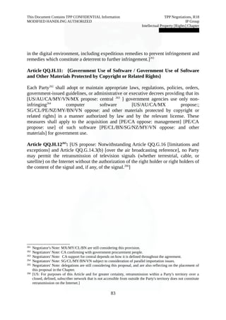 This Document Contains TPP CONFIDENTIAL Information TPP Negotiations, R18 
MODIFIED HANDLING AUTHORIZED IP Group 
Intellectual Property [Rights] Chapter 
███████████████ 
in the digital environment, including expeditious remedies to prevent infringement and 
remedies which constitute a deterrent to further infringement.]261 
Article QQ.H.11: {Government Use of Software / Government Use of Software 
and Other Materials Protected by Copyright or Related Rights} 
Each Party262 shall adopt or maintain appropriate laws, regulations, policies, orders, 
government-issued guidelines, or administrative or executive decrees providing that its 
[US/AU/CA/MY/VN/MX propose: central 263 ] government agencies use only non-infringing264 
computer software [US/AU/CA/MX propose:; 
SG/CL/PE/NZ/MY/BN/VN oppose: and other materials protected by copyright or 
related rights] in a manner authorized by law and by the relevant license. These 
measures shall apply to the acquisition and [PE/CA oppose: management] [PE/CA 
propose: use] of such software [PE/CL/BN/SG/NZ/MY/VN oppose: and other 
materials] for government use. 
Article QQ.H.12265: [US propose: Notwithstanding Article QQ.G.16 [limitations and 
exceptions] and Article QQ.G.14.3(b) [over the air broadcasting reference], no Party 
may permit the retransmission of television signals (whether terrestrial, cable, or 
satellite) on the Internet without the authorization of the right holder or right holders of 
the content of the signal and, if any, of the signal.266] 
261 Negotiator's Note: MX/MY/CL/BN are still considering this provision. 
262 Negotiators' Note: CA confirming with government procurement people. 
263 Negotiators' Note: CA support for central depends on how it is defined throughout the agreement. 
264 Negotiators' Note: SG/CL/MY/BN/VN subject to consideration of parallel importation issues. 
265 Negotiators' Note: delegations are still considering this proposal, and are also reflecting on the placement of 
this proposal in the Chapter. 
266 [US: For purposes of this Article and for greater certainty, retransmission within a Party's territory over a 
closed, defined, subscriber network that is not accessible from outside the Party's territory does not constitute 
retransmission on the Internet.] 
83 
 