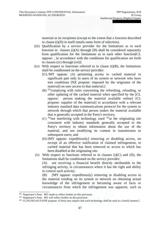 This Document Contains TPP CONFIDENTIAL Information TPP Negotiations, R18 
MODIFIED HANDLING AUTHORIZED IP Group 
Intellectual Property [Rights] Chapter 
███████████████ 
material or its recipients (except to the extent that a function described 
in clause (i)(D) in itself entails some form of selection). 
(iii) Qualification by a service provider for the limitations as to each 
function in clauses (i)(A) through (D) shall be considered separately 
from qualification for the limitations as to each other function[CL 
oppose: , in accordance with the conditions for qualification set forth 
in clauses (iv) through (vii)] 
(iv) With respect to functions referred to in clause (i)(B), the limitations 
shall be conditioned on the service provider: 
[CL/MY oppose: (A) permitting access to cached material in 
significant part only to users of its system or network who have 
met conditions [NZ propose: imposed by the originator of the 
material] on user access to that material;] 
(B) 283complying with rules concerning the refreshing, reloading, or 
other updating of the cached material when specified by the [CL 
oppose: person making the material available online] [CL 
propose: supplier of the material] in accordance with a relevant 
industry standard data communications protocol for the system or 
network through which that person makes the material available 
that is generally accepted in the Party's territory; 
(C) 284not interfering with technology used 285at the originating site 
consistent with industry standards generally accepted in the 
Party's territory to obtain information about the use of the 
material, and not modifying its content in transmission to 
subsequent users; and 
(D) [MY oppose: expeditiously] removing or disabling access, on 
receipt of an effective notification of claimed infringement, to 
cached material that has been removed or access to which has 
been disabled at the originating site. 
(v) With respect to functions referred to in clauses (i)(C) and (D), the 
limitations shall be conditioned on the service provider: 
(A) not receiving a financial benefit directly attributable to the 
infringing activity, in circumstances where it has the right and ability 
to control such activity; 
(B) [MY oppose: expeditiously] removing or disabling access to 
the material residing on its system or network on obtaining actual 
knowledge of the infringement or becoming aware of facts or 
circumstances from which the infringement was apparent, such as 
283 Negotiator's Note: MY needs to reflect further on this provision. 
284 Negotiator's Note: MY will reflect further on this provision. 
285 CL/SG/NZ/AU/US/PE propose: A Party may require that such technology shall be used in a lawful manner.] 
87 
 