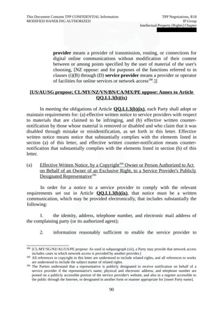 This Document Contains TPP CONFIDENTIAL Information TPP Negotiations, R18 
MODIFIED HANDLING AUTHORIZED IP Group 
Intellectual Property [Rights] Chapter 
███████████████ 
provider means a provider of transmission, routing, or connections for 
digital online communications without modification of their content 
between or among points specified by the user of material of the user's 
choosing, [NZ oppose: and for purposes of the functions referred to in 
clauses (i)(B) through (D) service provider means a provider or operator 
of facilities for online services or network access288.]] 
[US/AU/SG propose; CL/M Y/NZ/VN/BN/CA/MX/PE oppose: Annex to A rticle 
QQ.I.1.3(b)(ix) 
In meeting the obligations of Article QQ.I.1.3(b)(ix), each Party shall adopt or 
maintain requirements for: (a) effective written notice to service providers with respect 
to materials that are claimed to be infringing, and (b) effective written counter-notification 
by those whose material is removed or disabled and who claim that it was 
disabled through mistake or misidentification, as set forth in this letter. Effective 
written notice means notice that substantially complies with the elements listed in 
section (a) of this letter, and effective written counter-notification means counter-notification 
that substantially complies with the elements listed in section (b) of this 
letter. 
(a) Effective Written Notice, by a Copyright 289 Owner or Person Authorized to Act 
on Behalf of an Owner of an Exclusive Right, to a Service Provider's Publicly 
Designated Representative290 
In order for a notice to a service provider to comply with the relevant 
requirements set out in Article QQ.I.1.3(b)(ix), that notice must be a written 
communication, which may be provided electronically, that includes substantially the 
following: 
1. the identity, address, telephone number, and electronic mail address of 
the complaining party (or its authorized agent); 
2. information reasonably sufficient to enable the service provider to 
288 [CL/MY/SG/NZ/AU/US/PE propose: As used in subparagraph (xii), a Party may provide that network access 
includes cases in which network access is provided by another provider.] 
289 All references to copyright in this letter are understood to include related rights, and all references to works 
are understood to include the subject matter of related rights. 
290 The Parties understand that a representative is publicly designated to receive notification on behalf of a 
service provider if the representative's name, physical and electronic address, and telephone number are 
posted on a publicly accessible portion of the service provider's website, and also in a register accessible to 
the public through the Internet, or designated in another form or manner appropriate for [insert Party name]. 
90 
 