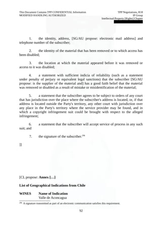 This Document Contains TPP CONFIDENTIAL Information TPP Negotiations, R18 
MODIFIED HANDLING AUTHORIZED IP Group 
Intellectual Property [Rights] Chapter 
███████████████ 
1. the identity, address, [SG/AU propose: electronic mail address] and 
telephone number of the subscriber; 
2. the identity of the material that has been removed or to which access has 
been disabled; 
3. the location at which the material appeared before it was removed or 
access to it was disabled; 
4. a statement with sufficient indicia of reliability (such as a statement 
under penalty of perjury or equivalent legal sanctions) that the subscriber [SG/AU 
propose: is the supplier of the material and] has a good faith belief that the material 
was removed or disabled as a result of mistake or misidentification of the material; 
5. a statement that the subscriber agrees to be subject to orders of any court 
that has jurisdiction over the place where the subscriber's address is located, or, if that 
address is located outside the Party's territory, any other court with jurisdiction over 
any place in the Party's territory where the service provider may be found, and in 
which a copyright infringement suit could be brought with respect to the alleged 
infringement; 
6. a statement that the subscriber will accept service of process in any such 
suit; and 
7. the signature of the subscriber.296 
]] 
[CL propose: Annex […] 
List of Geographical Indications from Chile 
WINES Name of Indication 
Valle de Aconcagua 
296 A signature transmitted as part of an electronic communication satisfies this requirement. 
92 
 