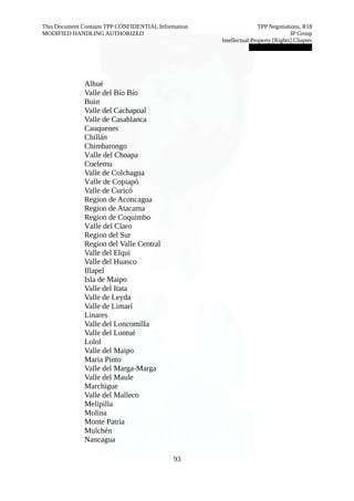 This Document Contains TPP CONFIDENTIAL Information TPP Negotiations, R18 
MODIFIED HANDLING AUTHORIZED IP Group 
Intellectual Property [Rights] Chapter 
███████████████ 
Alhué 
Valle del Bío Bío 
Buin 
Valle del Cachapoal 
Valle de Casablanca 
Cauquenes 
Chillán 
Chimbarongo 
Valle del Choapa 
Coelemu 
Valle de Colchagua 
Valle de Copiapó 
Valle de Curicó 
Region de Aconcagua 
Region de Atacama 
Region de Coquimbo 
Valle del Claro 
Region del Sur 
Region del Valle Central 
Valle del Elqui 
Valle del Huasco 
Illapel 
Isla de Maipo 
Valle del Itata 
Valle de Leyda 
Valle de Limarí 
Linares 
Valle del Loncomilla 
Valle del Lontué 
Lolol 
Valle del Maipo 
Maria Pinto 
Valle del Marga-Marga 
Valle del Maule 
Marchigue 
Valle del Malleco 
Melipilla 
Molina 
Monte Patria 
Mulchén 
Nancagua 
93 
 
