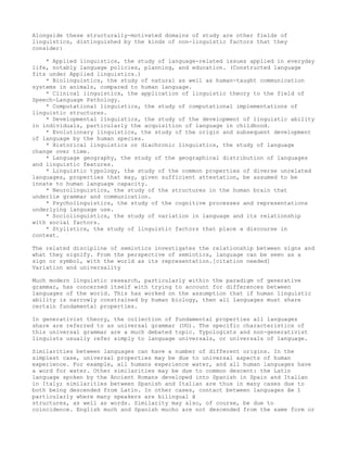 Alongside these structurally-motivated domains of study are other fields of
linguistics, distinguished by the kinds of non-linguistic factors that they
consider:

    * Applied linguistics, the study of language-related issues applied in everyday
life, notably language policies, planning, and education. (Constructed language
fits under Applied linguistics.)
    * Biolinguistics, the study of natural as well as human-taught communication
systems in animals, compared to human language.
    * Clinical linguistics, the application of linguistic theory to the field of
Speech-Language Pathology.
    * Computational linguistics, the study of computational implementations of
linguistic structures.
    * Developmental linguistics, the study of the development of linguistic ability
in individuals, particularly the acquisition of language in childhood.
    * Evolutionary linguistics, the study of the origin and subsequent development
of language by the human species.
    * Historical linguistics or diachronic linguistics, the study of language
change over time.
    * Language geography, the study of the geographical distribution of languages
and linguistic features.
    * Linguistic typology, the study of the common properties of diverse unrelated
languages, properties that may, given sufficient attestation, be assumed to be
innate to human language capacity.
    * Neurolinguistics, the study of the structures in the human brain that
underlie grammar and communication.
    * Psycholinguistics, the study of the cognitive processes and representations
underlying language use.
    * Sociolinguistics, the study of variation in language and its relationship
with social factors.
    * Stylistics, the study of linguistic factors that place a discourse in
context.

The related discipline of semiotics investigates the relationship between signs and
what they signify. From the perspective of semiotics, language can be seen as a
sign or symbol, with the world as its representation.[citation needed]
Variation and universality

Much modern linguistic research, particularly within the paradigm of generative
grammar, has concerned itself with trying to account for differences between
languages of the world. This has worked on the assumption that if human linguistic
ability is narrowly constrained by human biology, then all languages must share
certain fundamental properties.

In generativist theory, the collection of fundamental properties all languages
share are referred to as universal grammar (UG). The specific characteristics of
this universal grammar are a much debated topic. Typologists and non-generativist
linguists usually refer simply to language universals, or universals of language.

Similarities between languages can have a number of different origins. In the
simplest case, universal properties may be due to universal aspects of human
experience. For example, all humans experience water, and all human languages have
a word for water. Other similarities may be due to common descent: the Latin
language spoken by the Ancient Romans developed into Spanish in Spain and Italian
in Italy; similarities between Spanish and Italian are thus in many cases due to
both being descended from Latin. In other cases, contact between languages âe ”
particularly where many speakers are bilingual â
structures, as well as words. Similarity may also, of course, be due to
coincidence. English much and Spanish mucho are not descended from the same form or
 