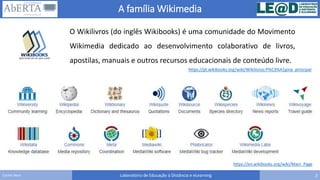 A família Wikimedia
Laboratório de Educação à Distância e eLearning 2Carlos Seco
https://en.wikibooks.org/wiki/Main_Page
O Wikilivros (do inglês Wikibooks) é uma comunidade do Movimento
Wikimedia dedicado ao desenvolvimento colaborativo de livros,
apostilas, manuais e outros recursos educacionais de conteúdo livre.
https://pt.wikibooks.org/wiki/Wikilivros:P%C3%A1gina_principal
 