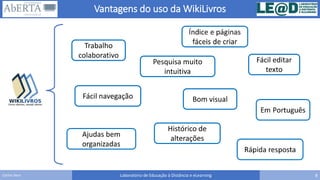 Vantagens do uso da WikiLivros
Laboratório de Educação à Distância e eLearning 8Carlos Seco
Trabalho
colaborativo
Pesquisa muito
intuitiva
Fácil navegação
Fácil editar
texto
Bom visual
Histórico de
alterações
 