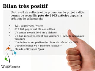 Bilan très positif Un travail de collecte et de promotion du projet a déjà permis de recueillir  près de 2803 articles  depuis la création de Wikimanche  8,91 pages vues / visite 812 464 pages ont été consultées  Un temps moyen de 4 mn / visiteur Un bon renouvellement des visiteurs + 62% de nouveaux visiteurs Une information pertinente : taux de rebond de 50% L’article le plus vu « Défense Passive » Plus de 400 visites / jour 