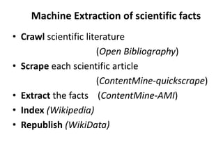 • Crawl scientific literature
(Open Bibliography)
• Scrape each scientific article
(ContentMine-quickscrape)
• Extract the facts (ContentMine-AMI)
• Index (Wikipedia)
• Republish (WikiData)
Machine Extraction of scientific facts
 