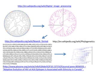 (http://www.plosone.org/article/info%3Adoi%2F10.1371%2Fjournal.pone.0036933 –
“Adaptive Evolution of HIV at HLA Epitopes Is Associated with Ethnicity in Canada” .
((n122,((n121,n205),((n39,(n84,((((n35,n98),n191),n22),n17))),((n10,n182),(
(((n232,n76),n68),(n109,n30)),(n73,(n106,n58))))))),((((((n103,n86),(n218,(n
215,n157))),((n164,n143),((n190,((n108,n177),(n192,n220))),((n233,n187),
n41)))),((((n59,n184),((n134,n200),(n137,(n212,((n92,n209),n29))))),(n88,(n
102,n161))),((((n70,n140),(n18,n188)),(n49,((n123,n132),(n219,n198)))),(((
n37,(n65,n46)),(n135,(n11,(n113,n142)))),(n210,((n69,(n216,n36)),(n231,n1
60))))))),(((n107,n43),((n149,n199),n74)),(((n101,(n19,n54)),n96),(n7,((n139
,n5),((n170,(n25,n75)),(n146,(n154,(n194,(((n14,n116),n112),(n126,n222)))
)))))))),(((((n165,(n168,n128)),n129),((n114,n181),(n48,n118))),((n158,(n91,(
n33,n213))),(n87,n235))),((n197,(n175,n117)),(n196,((n171,(n163,n227)),((
n53,n131),n159)))))));
http://en.wikipedia.org/wiki/Digital_image_processing
http://en.wikipedia.org/wiki/Newick_format http://en.wikipedia.org/wiki/Phylogenetics
 