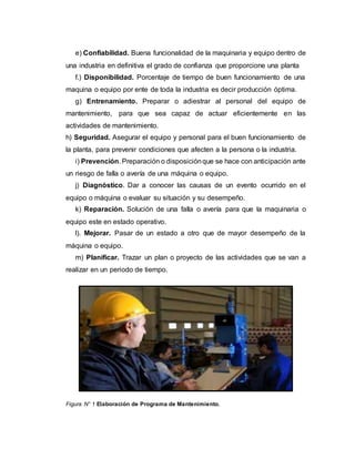 e) Confiabilidad. Buena funcionalidad de la maquinaria y equipo dentro de
una industria en definitiva el grado de confianza que proporcione una planta
f.) Disponibilidad. Porcentaje de tiempo de buen funcionamiento de una
maquina o equipo por ente de toda la industria es decir producción óptima.
g) Entrenamiento. Preparar o adiestrar al personal del equipo de
mantenimiento, para que sea capaz de actuar eficientemente en las
actividades de mantenimiento.
h) Seguridad. Asegurar el equipo y personal para el buen funcionamiento de
la planta, para prevenir condiciones que afecten a la persona o la industria.
i) Prevención. Preparación o disposiciónque se hace con anticipación ante
un riesgo de falla o avería de una máquina o equipo.
j) Diagnóstico. Dar a conocer las causas de un evento ocurrido en el
equipo o máquina o evaluar su situación y su desempeño.
k) Reparación. Solución de una falla o avería para que la maquinaria o
equipo este en estado operativo.
l). Mejorar. Pasar de un estado a otro que de mayor desempeño de la
máquina o equipo.
m) Planificar. Trazar un plan o proyecto de las actividades que se van a
realizar en un periodo de tiempo.
Figura N° 1 Elaboración de Programa de Mantenimiento.
 