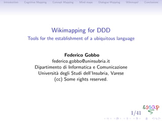 Introduction   Cognitive Mapping   Concept Mapping   Mind maps   Dialogue Mapping   Wikimaps!   Conclusions




                                   Wikimapping for DDD
                 Tools for the establishment of a ubiquitous language


                                    Federico Gobbo
                              federico.gobbo@uninsubria.it
                      Dipartimento di Informatica e Comunicazione
                       Universit` degli Studi dell’Insubria, Varese
                                a
                               (cc) Some rights reserved.




                                                                                       1/41