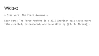 Wikitext
= Star Wars: The Force Awakens =
Star Wars: The Force Awakens is a 2015 American epic space opera
film directed, co-produced, and co-written by [[J. J. Abrams]].
 