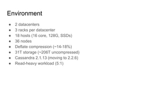 Environment
● 2 datacenters
● 3 racks per datacenter
● 18 hosts (16 core, 128G, SSDs)
● 36 nodes
● Deflate compression (~14-18%)
● 31T storage (~206T uncompressed)
● Cassandra 2.1.13 (moving to 2.2.6)
● Read-heavy workload (5:1)
 