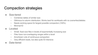 Compaction strategies
● Size-tiered
○ Combines tables of similar size
○ Oblivious to column distribution; Works best for workloads with no overwrites/deletes
○ Needs working space for largest possible compaction (100%)
○ Minimal IO
● Leveled
○ Small, fixed size files in levels of exponentially increasing size
○ Files have non-overlapping ranges within a level
○ Amortized; Lots of continuous compaction
○ Very efficient reads, but also quite IO intensive
● Date-tiered
 