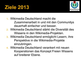 Ziele 2013

1.   Wikimedia Deutschland macht die
       Zusammenarbeit in und mit den Communitys
       dauerhaft einfacher und besser.
2.   Wikimedia Deutschland stärkt die Diversität des
       Wissens in den Wikimedia-Projekten.
3.   Wikimedia Deutschland ermöglicht Lesern, ihre
       Perspektive in die Wikimedia-Projekte
       einzubringen.
4.   Wikimedia Deutschland verankert mit neuen
       Kooperationen das Konzept Freien Wissens
       auf breiterer Ebene.
 