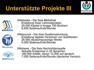 Unterstützte Projekte III
    Wikibooks - Die freie Bibliothek
    •   Erstellung freier Lehrmaterialien
    •   20.000 Kapitel in knapp 700 Büchern
    •   6.000 Seitenaufrufe/Stunde
      •
    Wikisource - Die freie Quellensammlung
    •   Erstellung digitale Versionen von Quelltexten
    •   26.000 deutschsprachige Werke
    •   5.000 Seitenaufrufe/Stunde
      •
    Wikinews - Die freie Nachrichtenquelle
    •   Aktuelle Ereignisse in 22 Sprachen
    •   180.000 Artikel, davon 12.000 auf deutsch
    •   7.000 Seitenaufrufe/Stunde (deutsche Version)
 