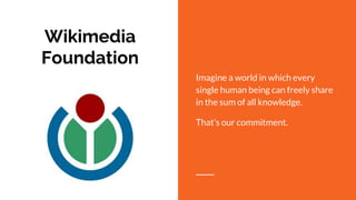 Wikimedia
Foundation
Imagine a world in which every
single human being can freely share
in the sum of all knowledge.
That’s our commitment.
 