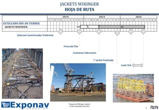 4
Programa Wikinger Jackets
24 de noviembre de 2015
CONFIDENCIAL COMERCIAL
JACKETS WIKINGER
HOJA DE RUTA
E F M A M J J A S O N D E F M A M J J A S O N D E F M A M J J A S O N D
ASTILLERO RÍA DE FERROL
JACKETS WIKINGER EV 6 15
2014 2015 2016
Firma del FSA
Comienzo Fabricación
1º Jacket Finalizada
Load-Out
Seleccion Suministrador Preferente
 