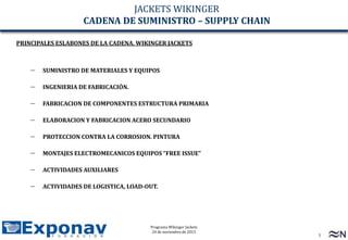 5
Programa Wikinger Jackets
24 de noviembre de 2015
CONFIDENCIAL COMERCIAL
JACKETS WIKINGER
CADENA DE SUMINISTRO – SUPPLY CHAIN
PRINCIPALES ESLABONES DE LA CADENA. WIKINGER JACKETS
– SUMINISTRO DE MATERIALES Y EQUIPOS
– INGENIERIA DE FABRICACIÓN.
– FABRICACION DE COMPONENTES ESTRUCTURA PRIMARIA
– ELABORACION Y FABRICACION ACERO SECUNDARIO
– PROTECCION CONTRA LA CORROSION. PINTURA
– MONTAJES ELECTROMECANICOS EQUIPOS “FREE ISSUE”
– ACTIVIDADES AUXILIARES
– ACTIVIDADES DE LOGISTICA, LOAD-OUT.
 