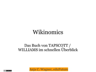 Wikinomics

  Das Buch von TAPSCOTT /
WILLIAMS im schnellen Überblick




     Anja C. Wagner, eduFuture
 