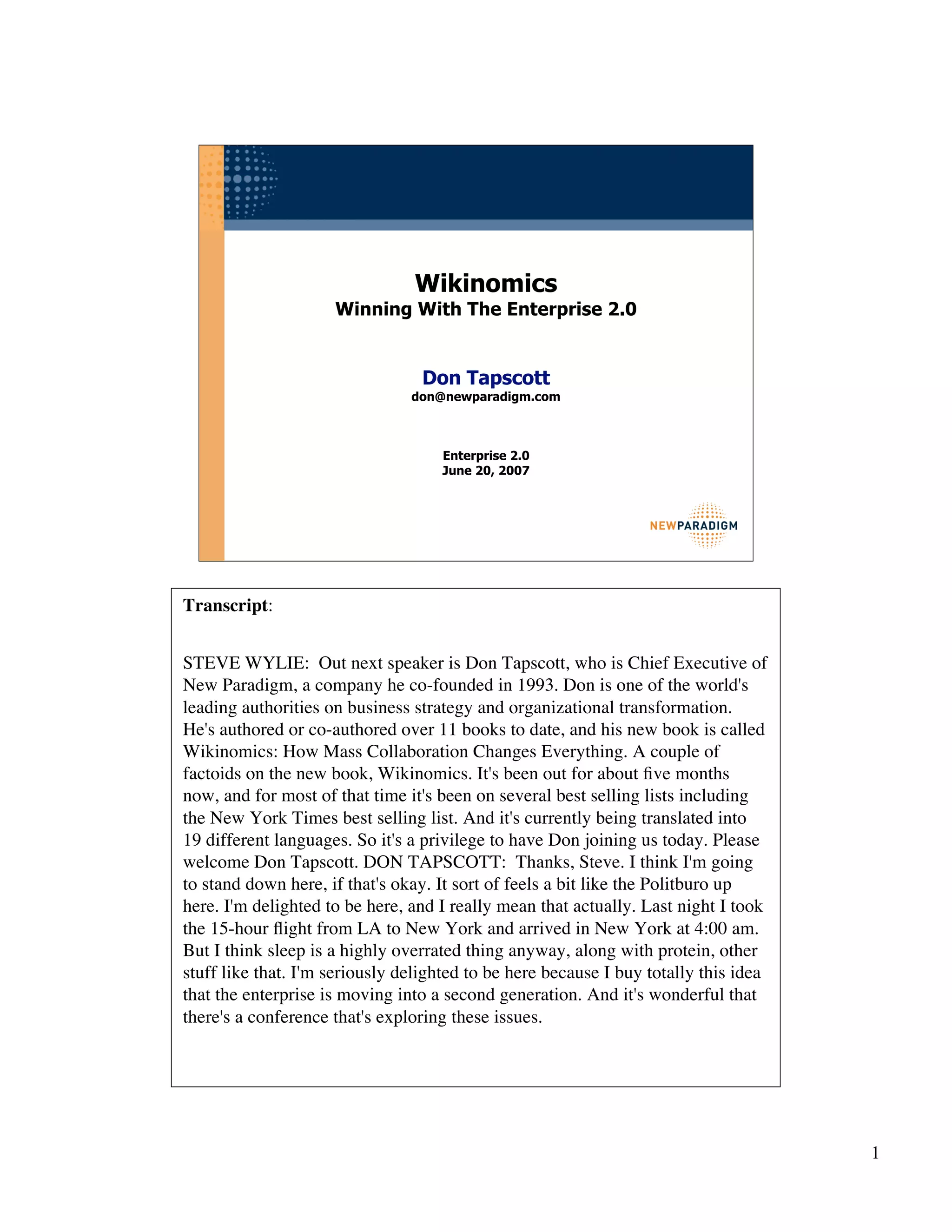 Wikinomics - Winning With The Enterprise 2.0 - with transcript