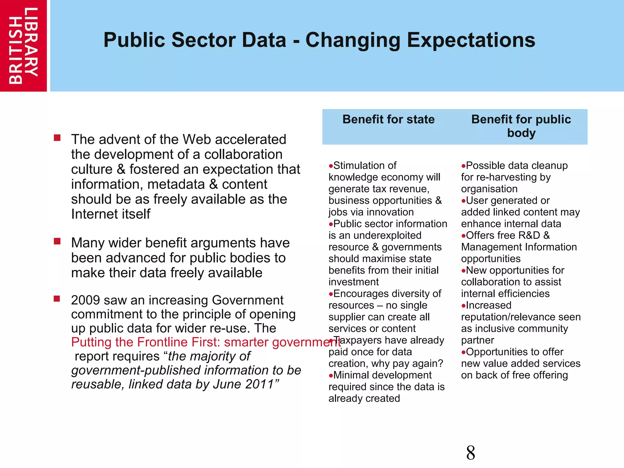 8
Public Sector Data - Changing Expectations
 The advent of the Web accelerated
the development of a collaboration
culture & fostered an expectation that
information, metadata & content
should be as freely available as the
Internet itself
 Many wider benefit arguments have
been advanced for public bodies to
make their data freely available
 2009 saw an increasing Government
commitment to the principle of opening
up public data for wider re-use. The
Putting the Frontline First: smarter government
report requires “the majority of
government-published information to be
reusable, linked data by June 2011”
Benefit for state Benefit for public
body
•Stimulation of
knowledge economy will
generate tax revenue,
business opportunities &
jobs via innovation
•Public sector information
is an underexploited
resource & governments
should maximise state
benefits from their initial
investment
•Encourages diversity of
resources – no single
supplier can create all
services or content
•Taxpayers have already
paid once for data
creation, why pay again?
•Minimal development
required since the data is
already created
•Possible data cleanup
for re-harvesting by
organisation
•User generated or
added linked content may
enhance internal data
•Offers free R&D &
Management Information
opportunities
•New opportunities for
collaboration to assist
internal efficiencies
•Increased
reputation/relevance seen
as inclusive community
partner
•Opportunities to offer
new value added services
on back of free offering
 