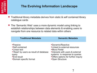 7
The Evolving Information Landscape
 Traditional library metadata derives from static & self contained library
catalogue cards
 The ‘Semantic Web’ uses a more dynamic model using linking to
establish relationships between data elements & enabling users to
navigate from one resource to related data within others
Traditional Metadata Semantic Metadata
Passive
Self contained
Linear text
‘Read’ by users as result of database
query
End result
Domain specific format
Dynamic/Reactive
Linked to external resources
Micro Portal
Interacts with users & external
systems in response to queries
Offers options for further inquiry
Open Structure
 