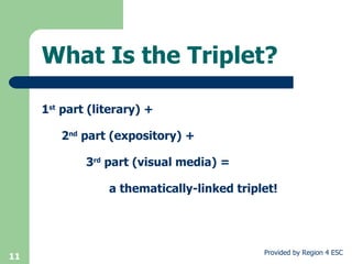 What Is the Triplet? 1 st  part (literary) +  2 nd  part (expository) +  3 rd  part (visual media) = a thematically-linked triplet! 