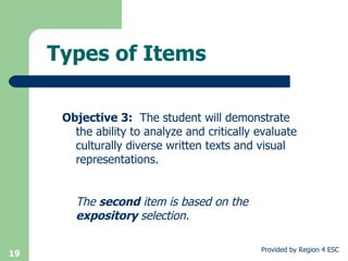 Types of Items   Objective 3:   The student will demonstrate the ability to analyze and critically evaluate culturally diverse written texts and visual representations.  The  second  item is based on the  expository  selection. 